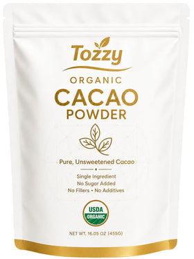 TOZZY cacao powder packaging close-up highlighting purity for baking