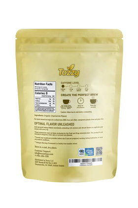 TOZZY Chamomile Tea aroma closeup highlights soothing herbal notes.