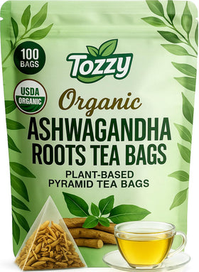 TOZZY Organic Ashwagandha Tea pyramid bags for a soothing daily ritual.