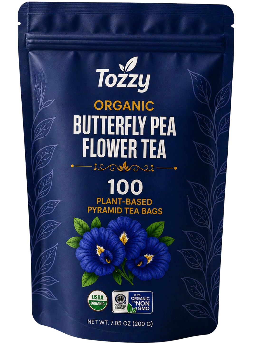 TOZZY organic butterfly pea tea pyramid bags ready for brewing.