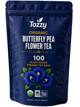 TOZZY organic butterfly pea tea pyramid bags ready for brewing.