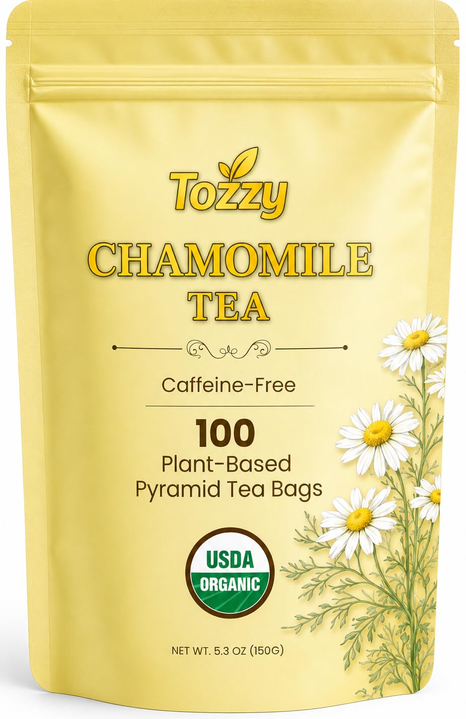 TOZZY Organic Chamomile Tea 100-count bags for calming, caffeine-free evenings.