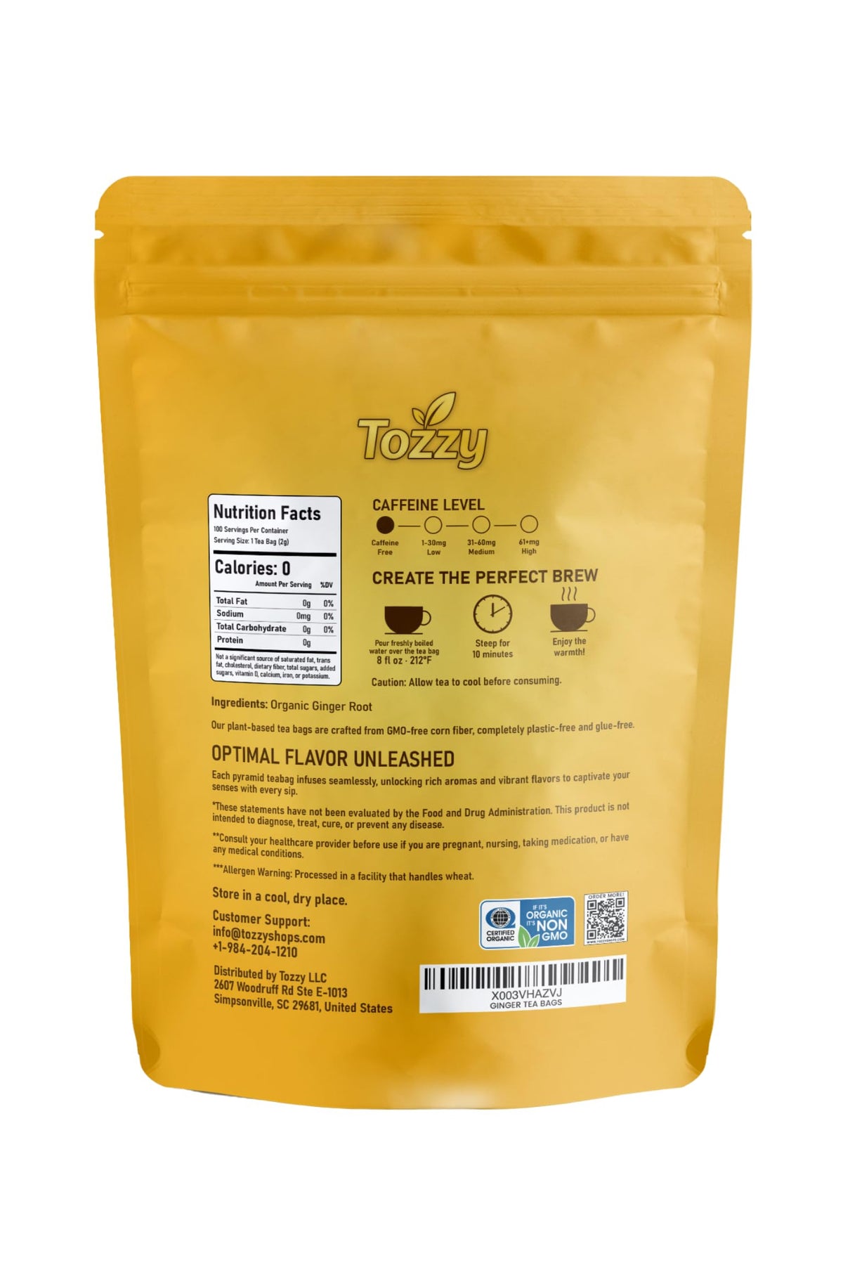 TOZZY Organic Ginger Tea brewed aroma invites calm and focus