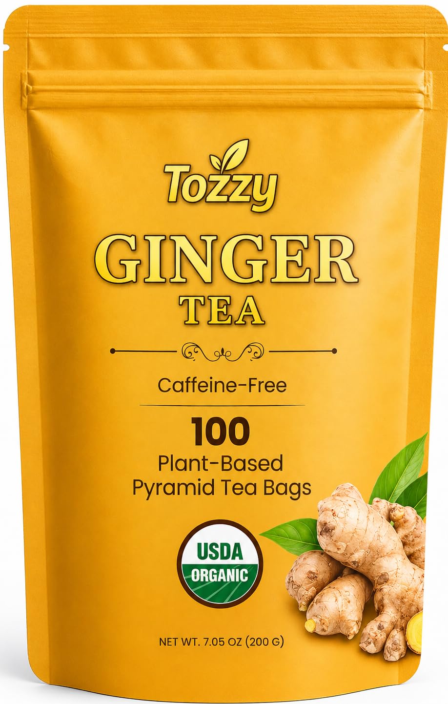 TOZZY Organic Ginger Tea pyramid bags for a smooth, convenient cup