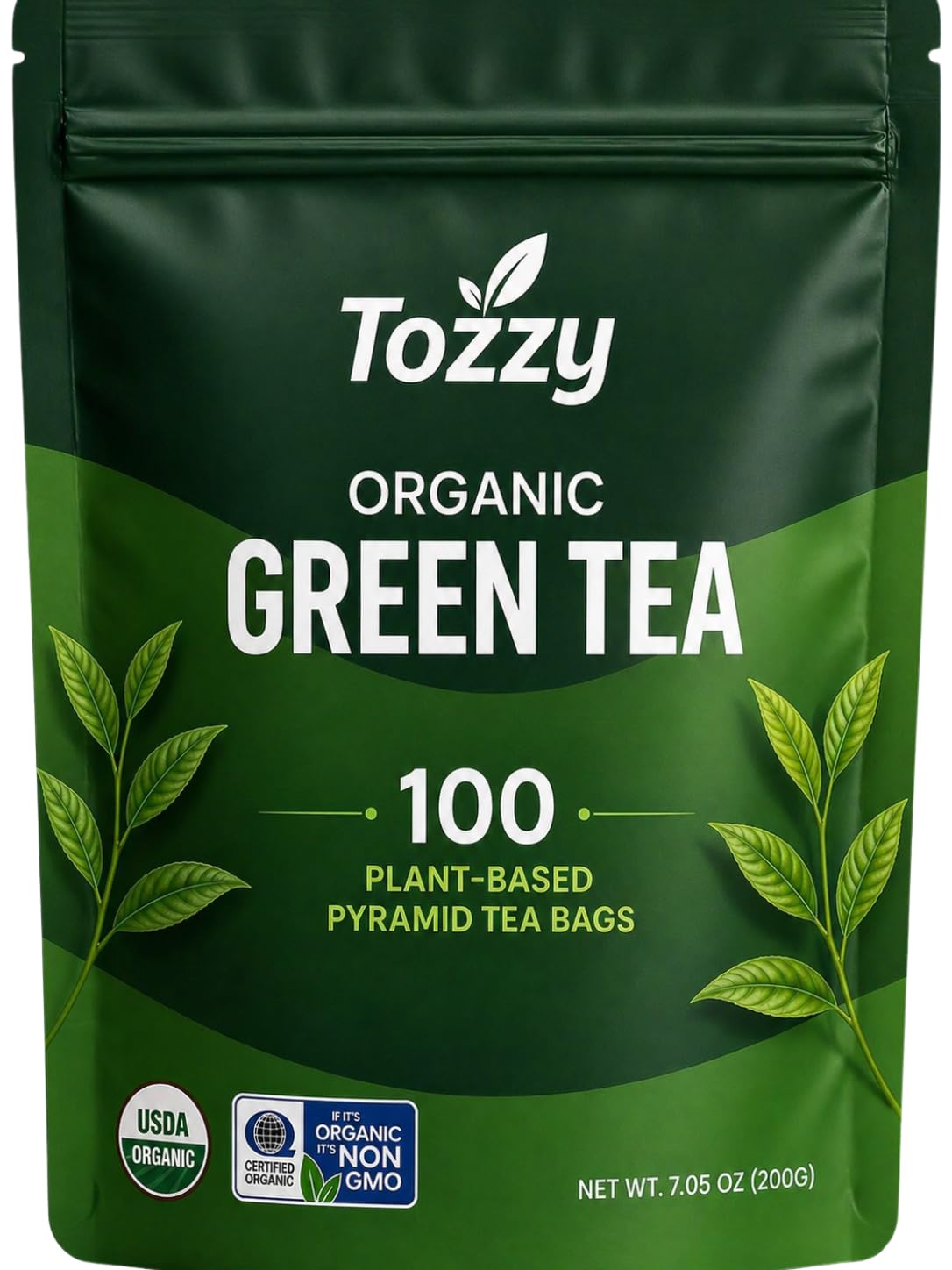 TOZZY Organic Green Tea packaging highlighting premium quality and ethical sourcing.