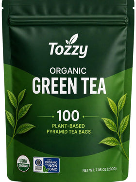 TOZZY Organic Green Tea packaging highlighting premium quality and ethical sourcing.