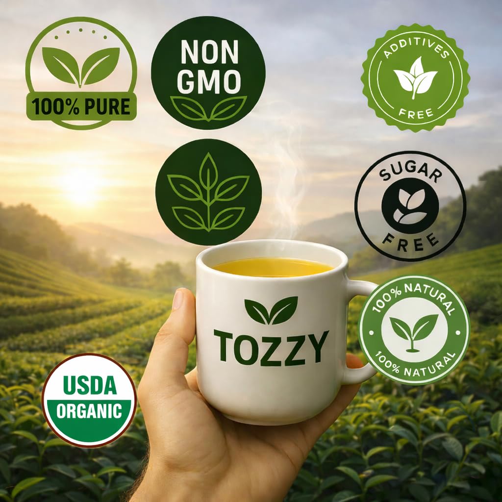 TOZZY Organic Green Tea pyramid bags ready for a quick brew.