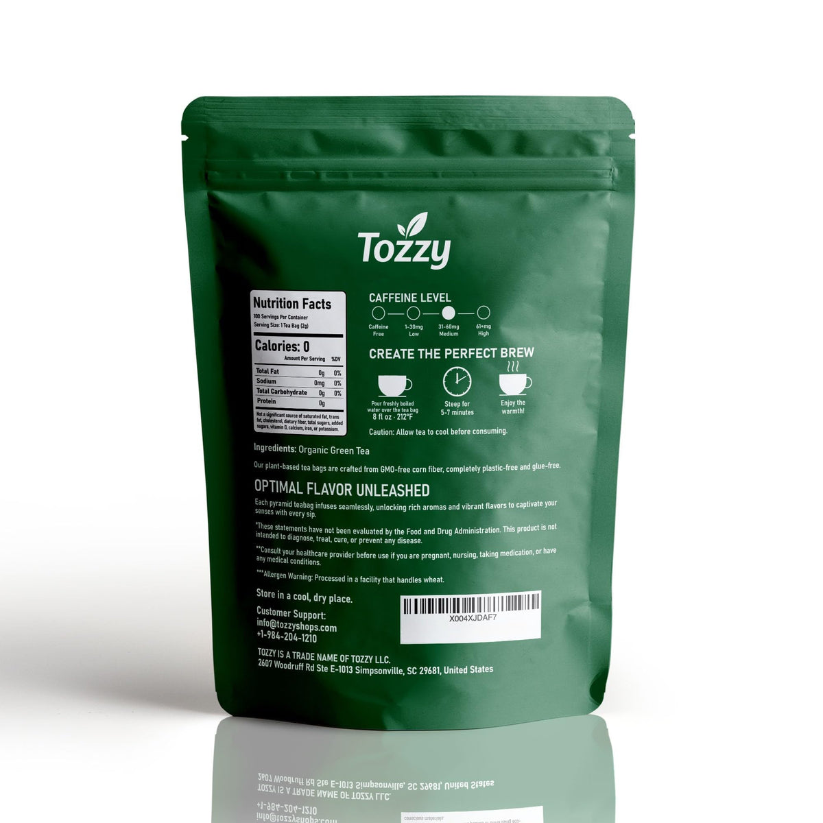 Sustainable sourcing label on TOZZY packaging signals ethical ingredients.