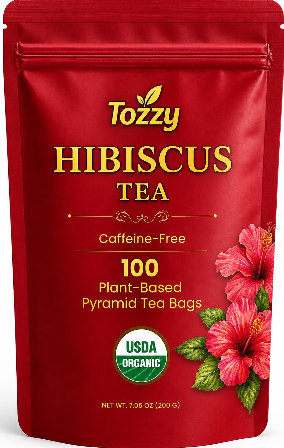 TOZZY Organic Hibiscus Tea – pyramid bag for easy steeping.