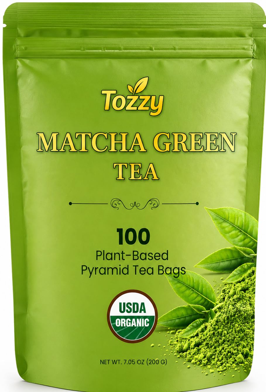 TOZZY organic matcha green tea pyramid bags displayed in a box for easy brewing.