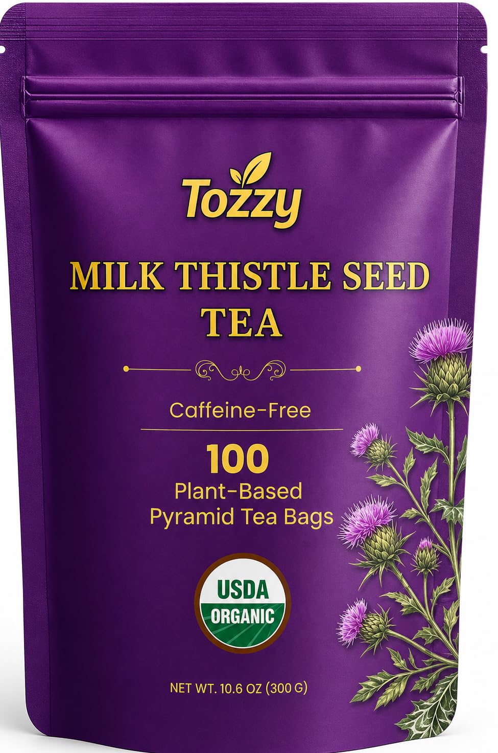 TOZZY Organic Milk Thistle Tea pyramid bags brewing for a smooth, flavorful cup