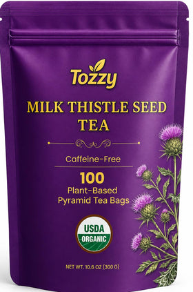 TOZZY Organic Milk Thistle Tea pyramid bags brewing for a smooth, flavorful cup