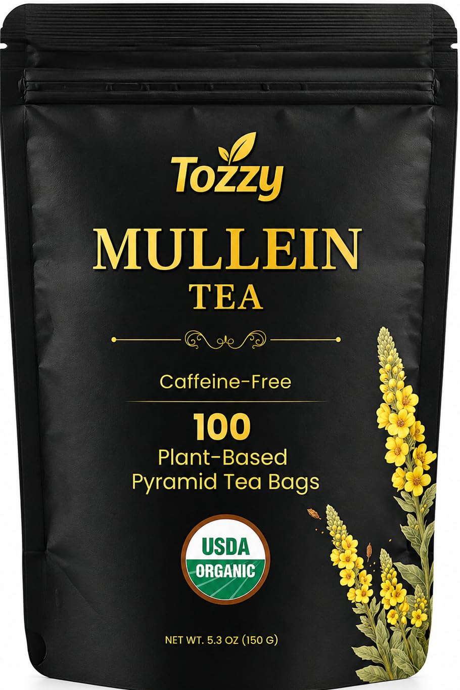 TOZZY Organic Mullein Tea pyramid bags close-up for easy steeping