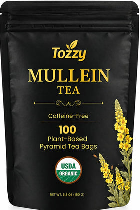 TOZZY Organic Mullein Tea pyramid bags close-up for easy steeping