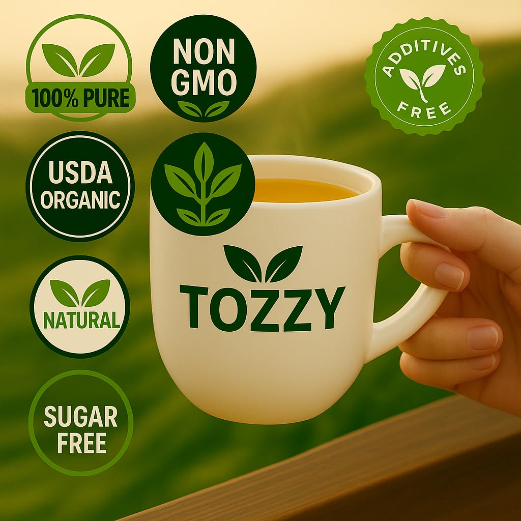 TOZZY Organic Mullein Tea pyramid bags close-up highlighting premium blend aroma