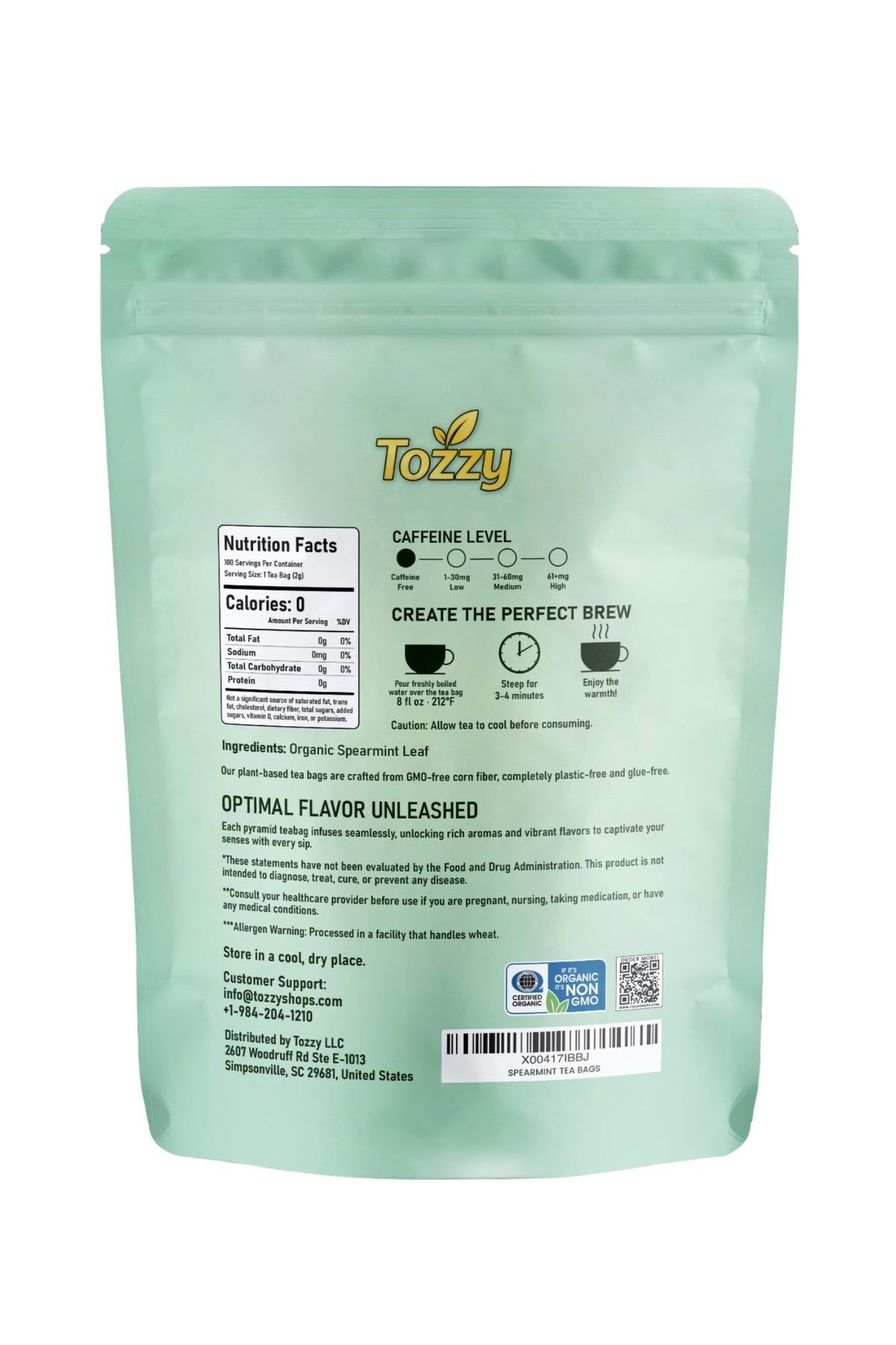 Tozzy Organic Spearmint Tea display emphasizes sustainable sourcing and quality.