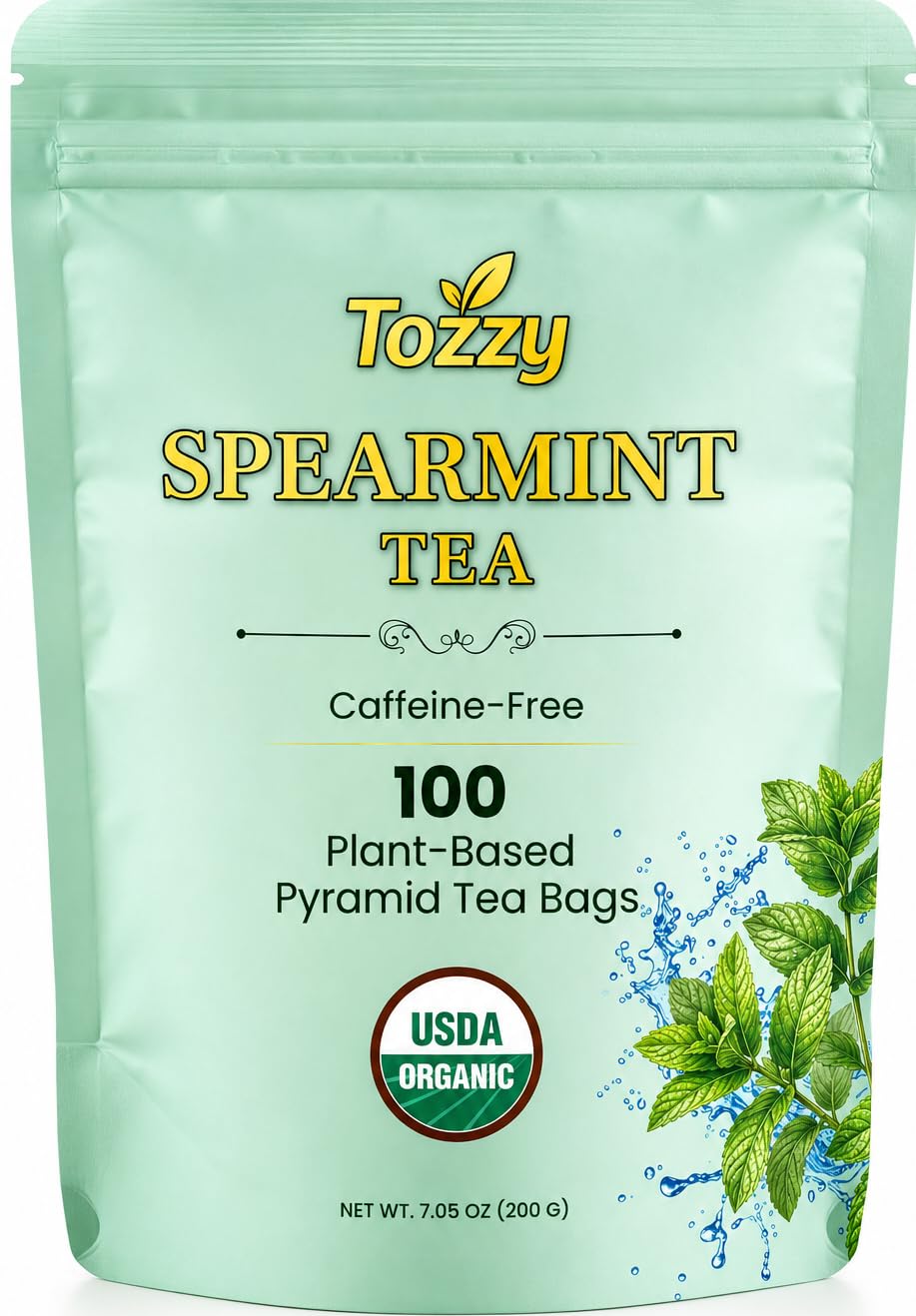Tozzy Organic Spearmint Tea packaging variation highlights eco-friendly labeling and mindful sourcing.