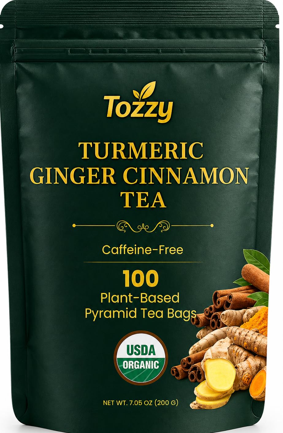 TOZZY organic turmeric ginger cinnamon tea pyramid bags ready for steeping with pure flavor.