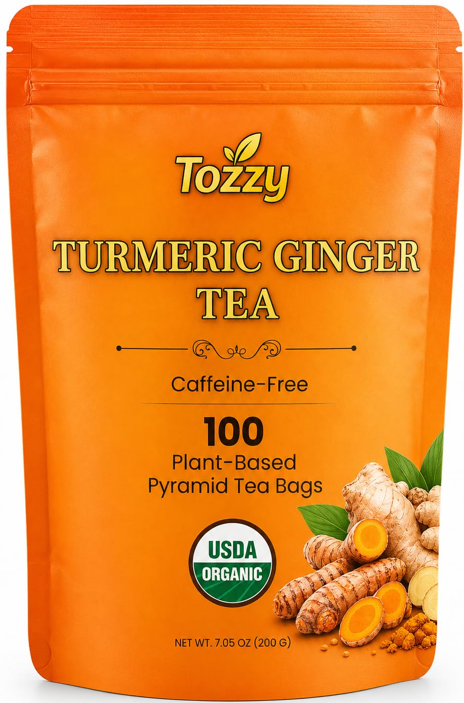 TOZZY Organic Turmeric Ginger Tea bags invite a cozy ritual with pure flavor.