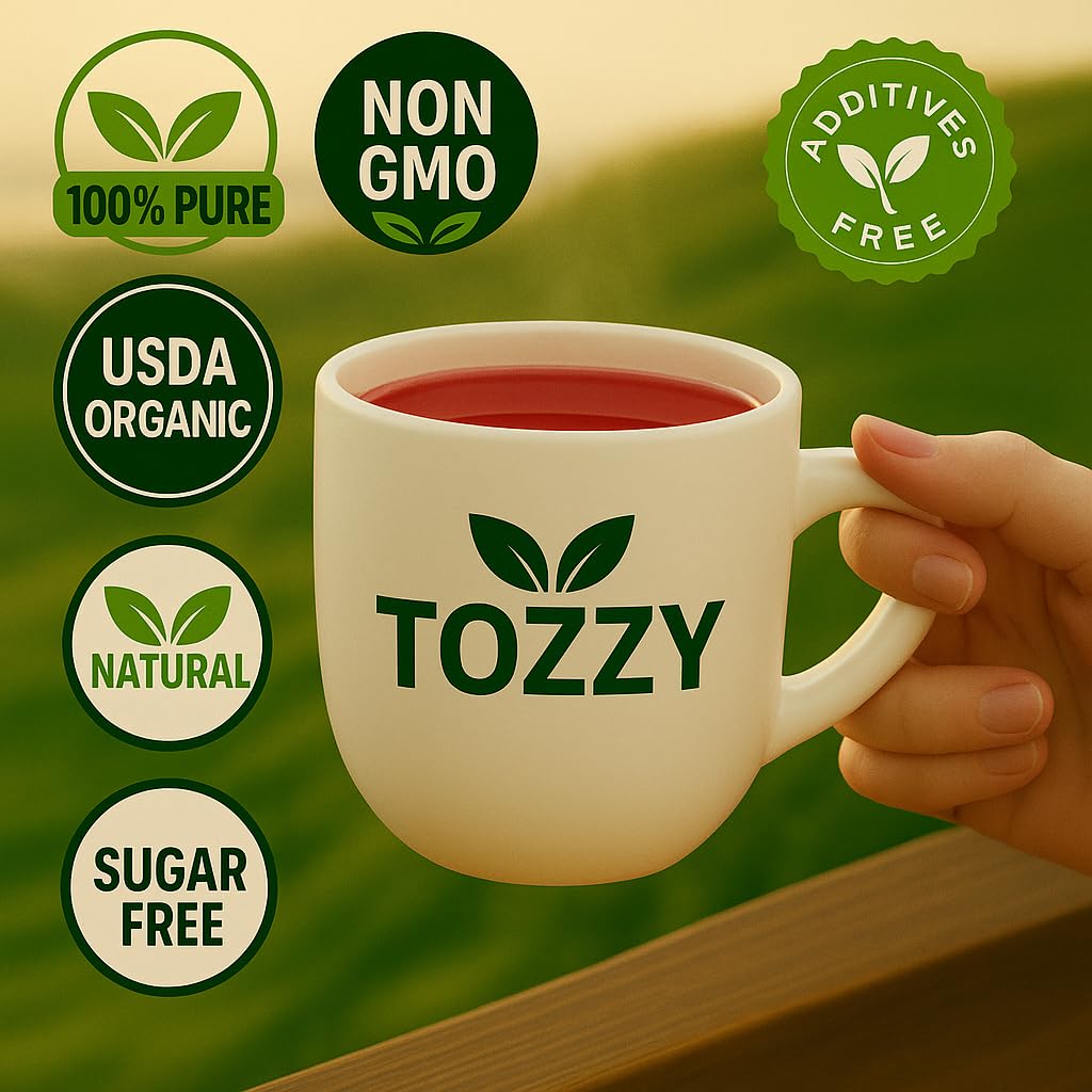 TOZZY pyramid tea bags closeup – pure ingredients and plant-based blends.