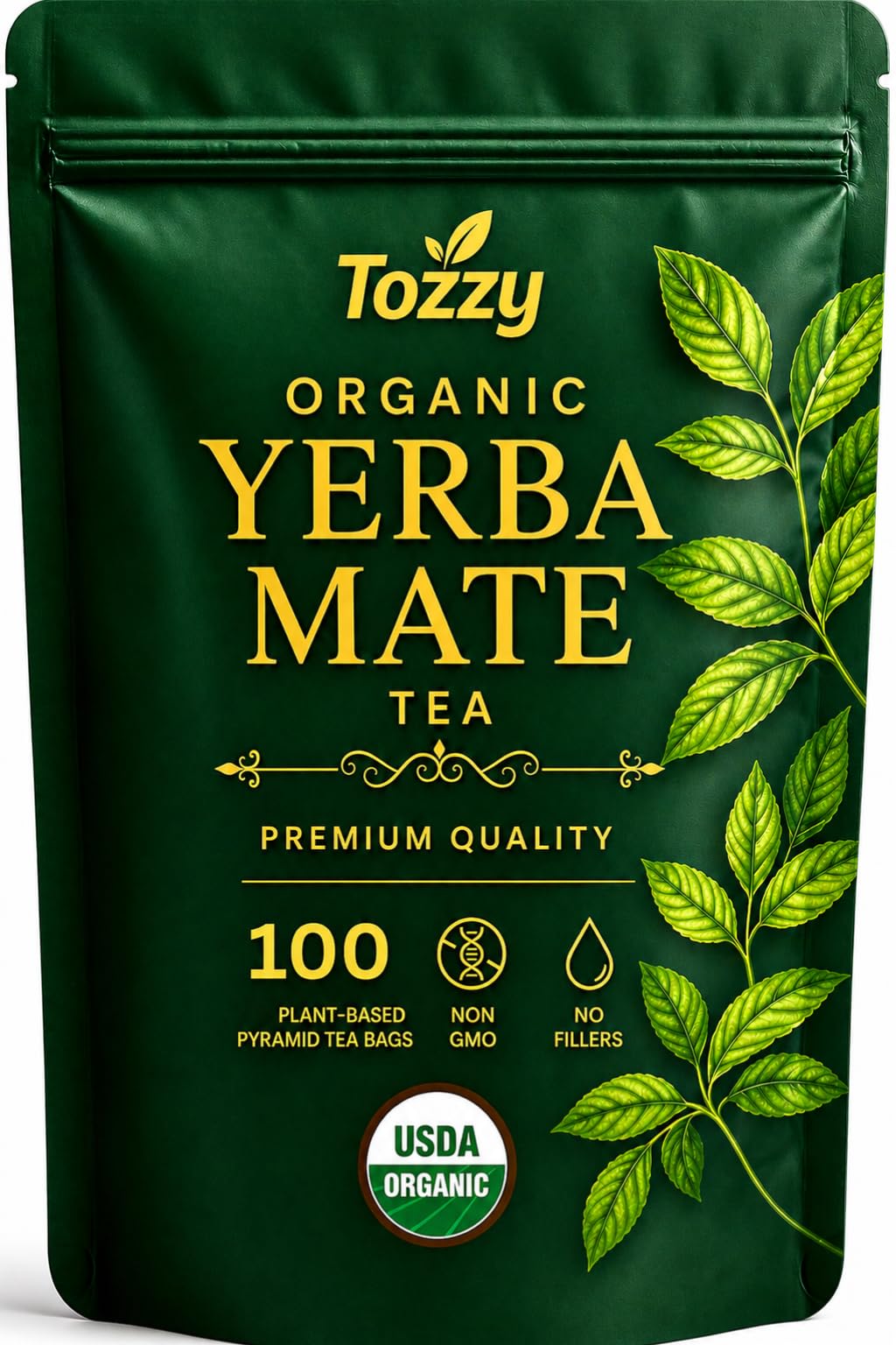 TOZZY yerba mate tea bags in pyramid packaging for quick brewing.
