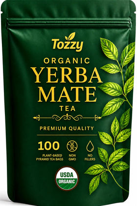 TOZZY yerba mate tea bags in pyramid packaging for quick brewing.
