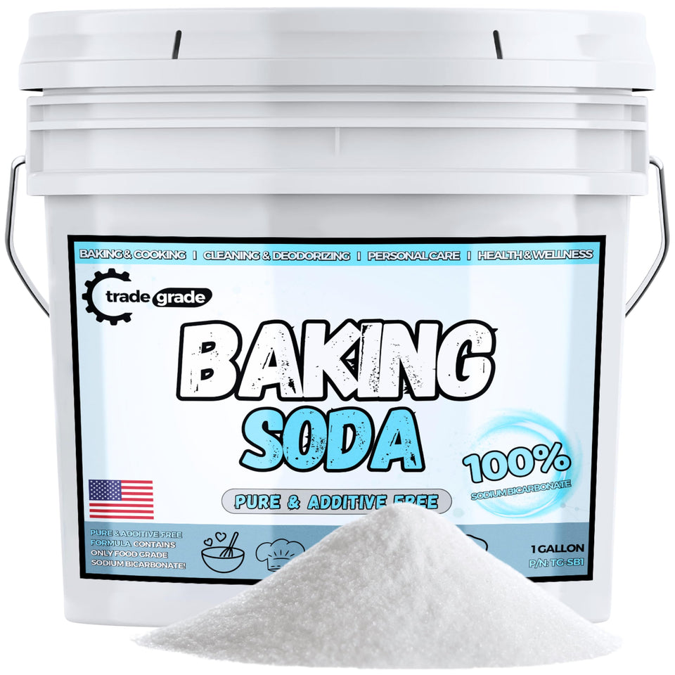 Trade Grade baking soda container shows 1-gallon supply for cooking and cleaning tasks.