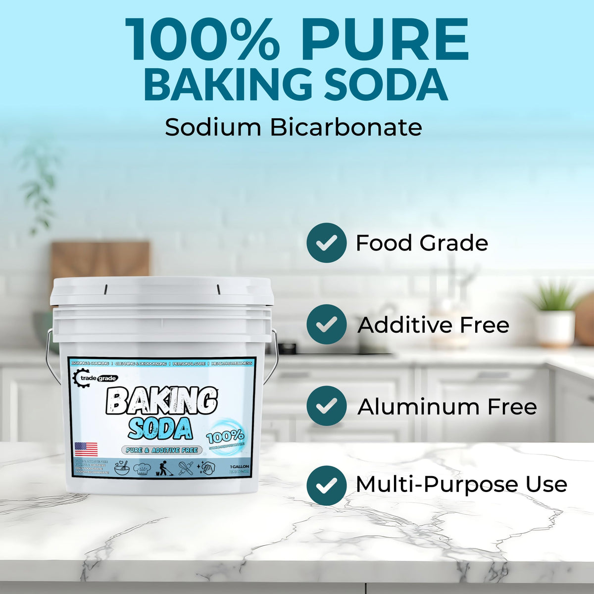 Trade Grade baking soda measuring scoop highlights precise portioning for recipes and storage.