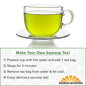 TradeKing Soursop tea bags pack back shows ingredients and storage tips for freshness.