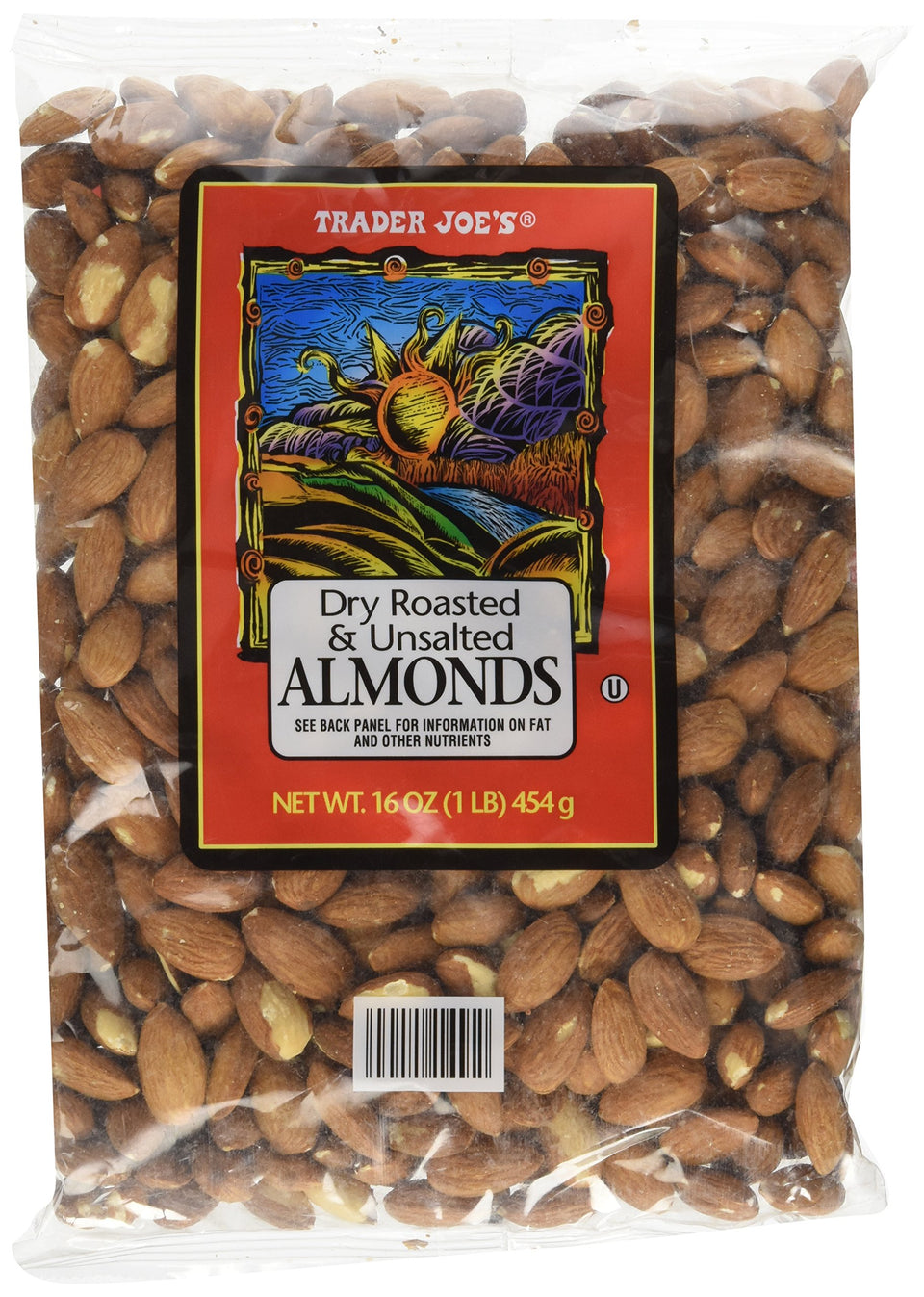 Trader Joe's dry roasted almonds front view bag, unsalted and ready for a quick protein snack
