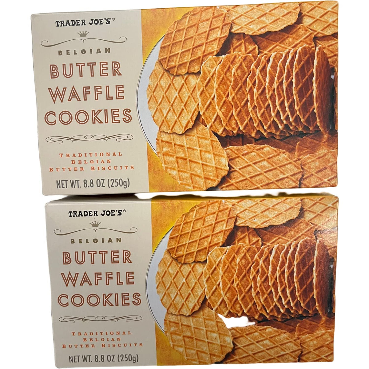 Trader Joe's Belgian Butter Waffle Cookies box front highlights rich butter flavor for celebrations