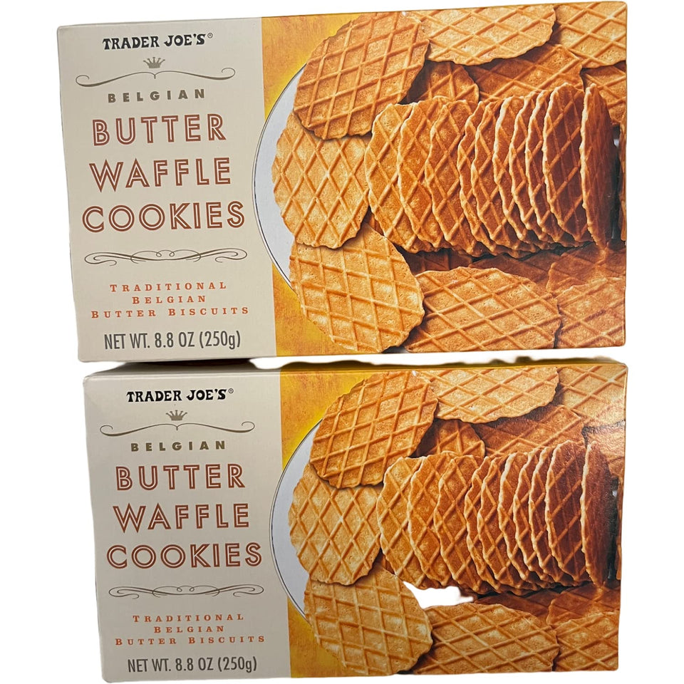 Trader Joe's Belgian Butter Waffle Cookies box front highlights rich butter flavor for celebrations