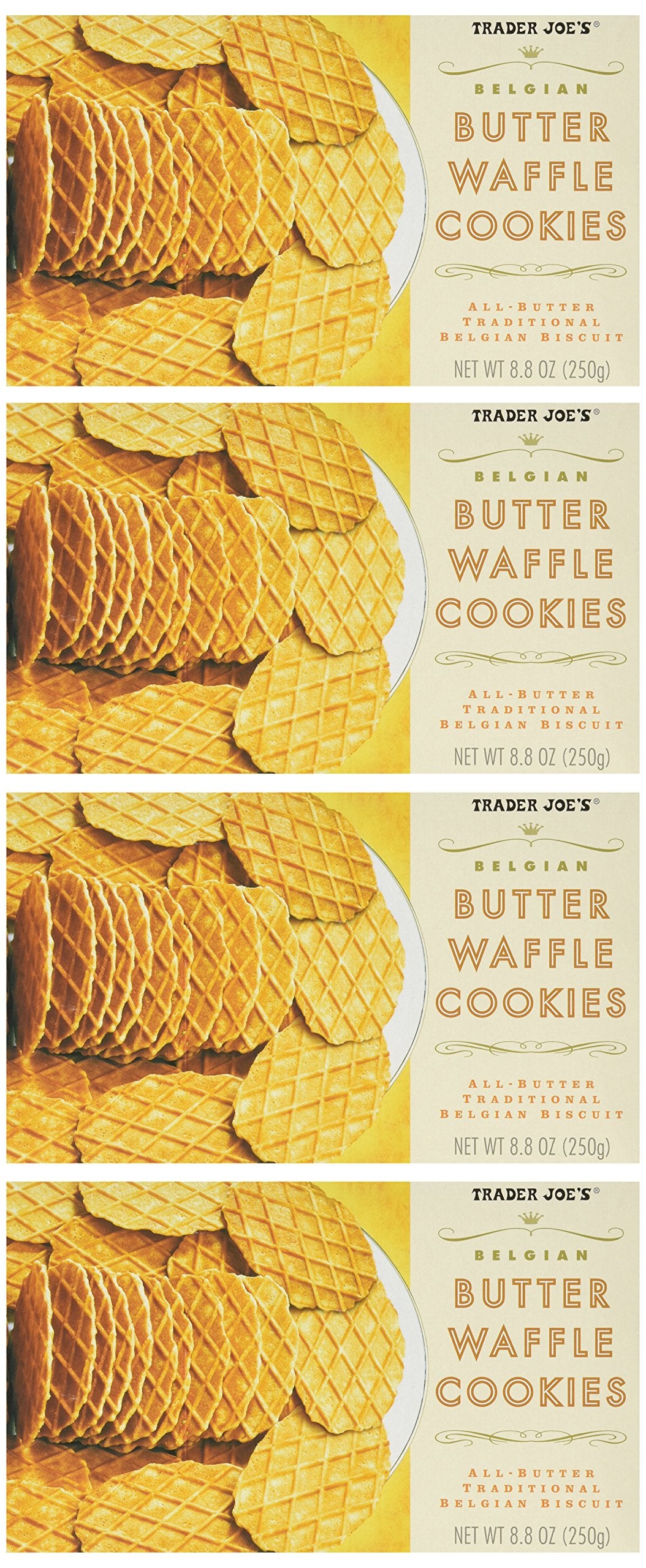 Trader Joe's Belgian Butter Waffle Cookies pack of 4—crisp, buttery biscuits ideal for a tea-time treat