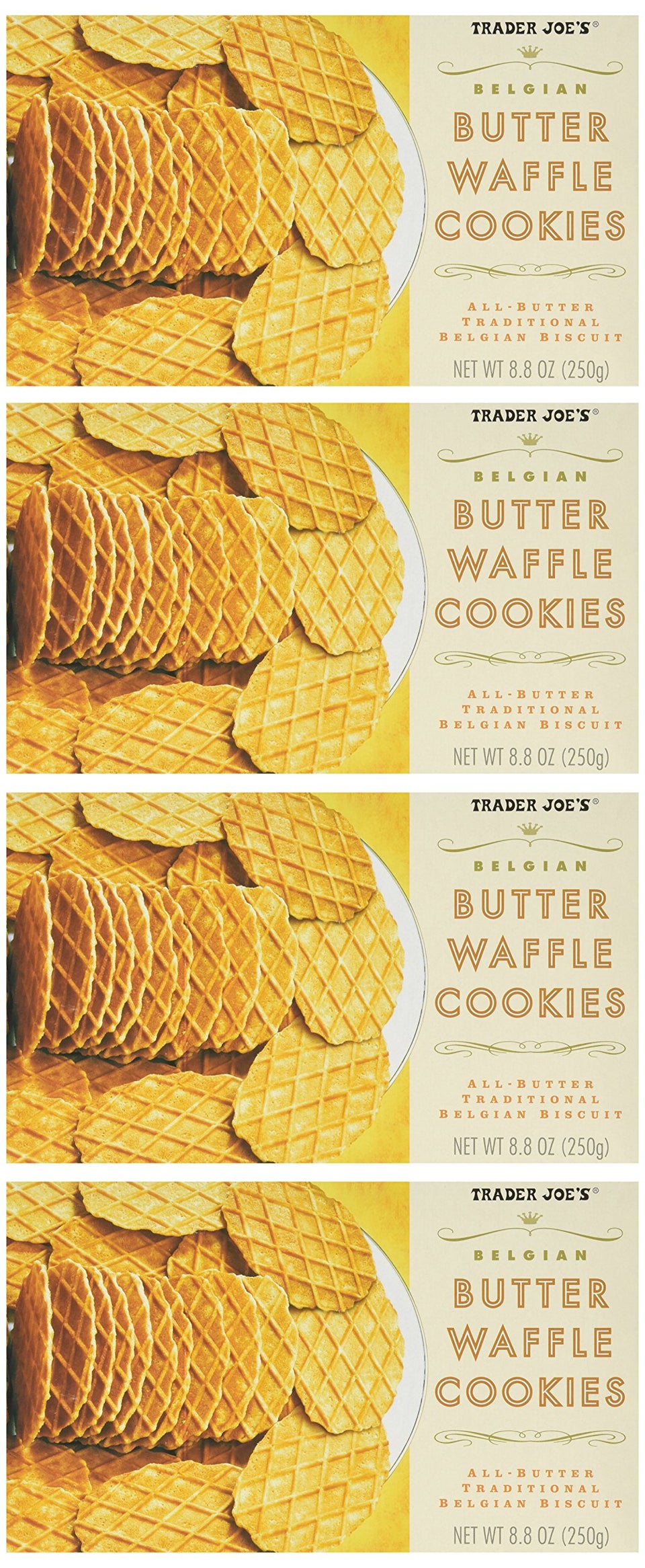 Trader Joe's Belgian Butter Waffle Cookies pack of 4—crisp, buttery biscuits ideal for a tea-time treat