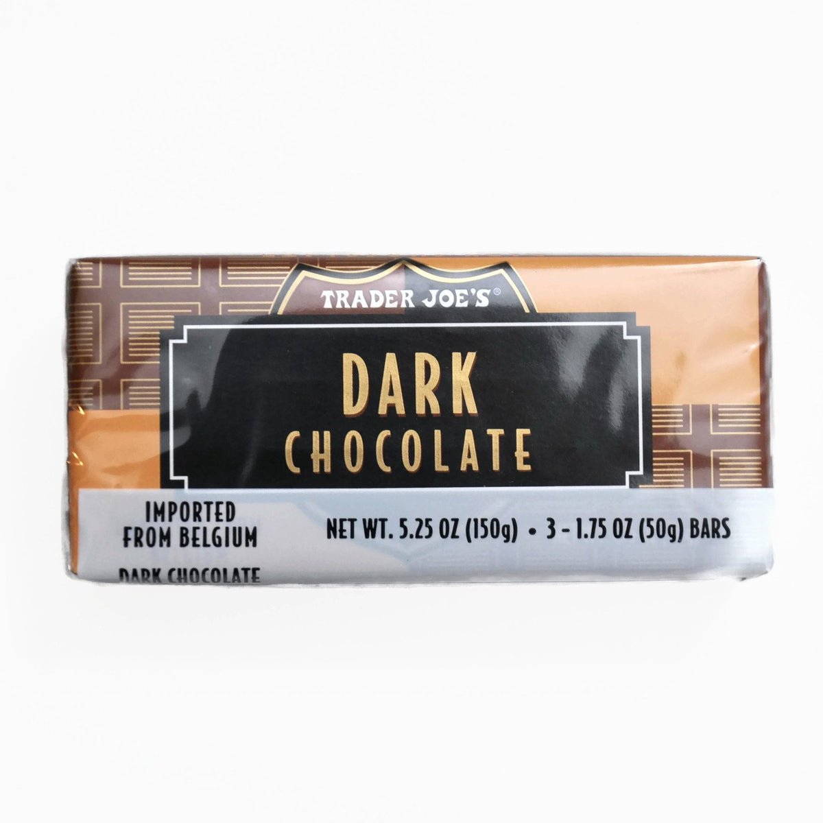 Close-up of Trader Joe's Belgian dark chocolate squares showing glossy texture and rich cocoa.