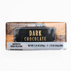 Close-up of Trader Joe's Belgian dark chocolate squares showing glossy texture and rich cocoa.