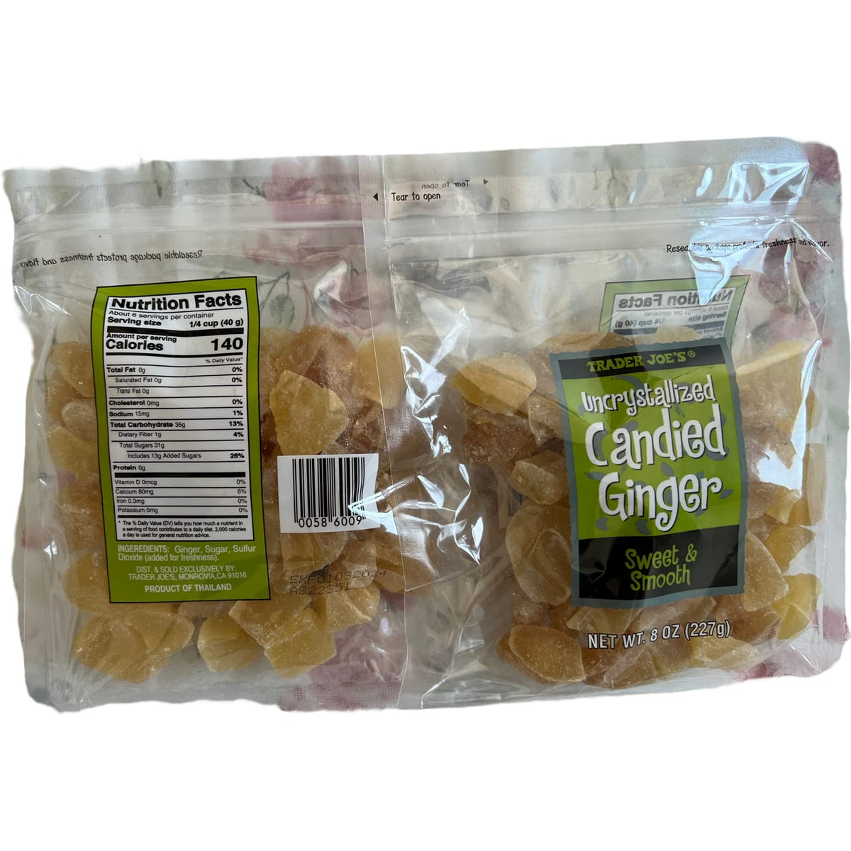 Trader Joe's Candied Ginger slices close-up—smooth texture ideal for baking and toppings.