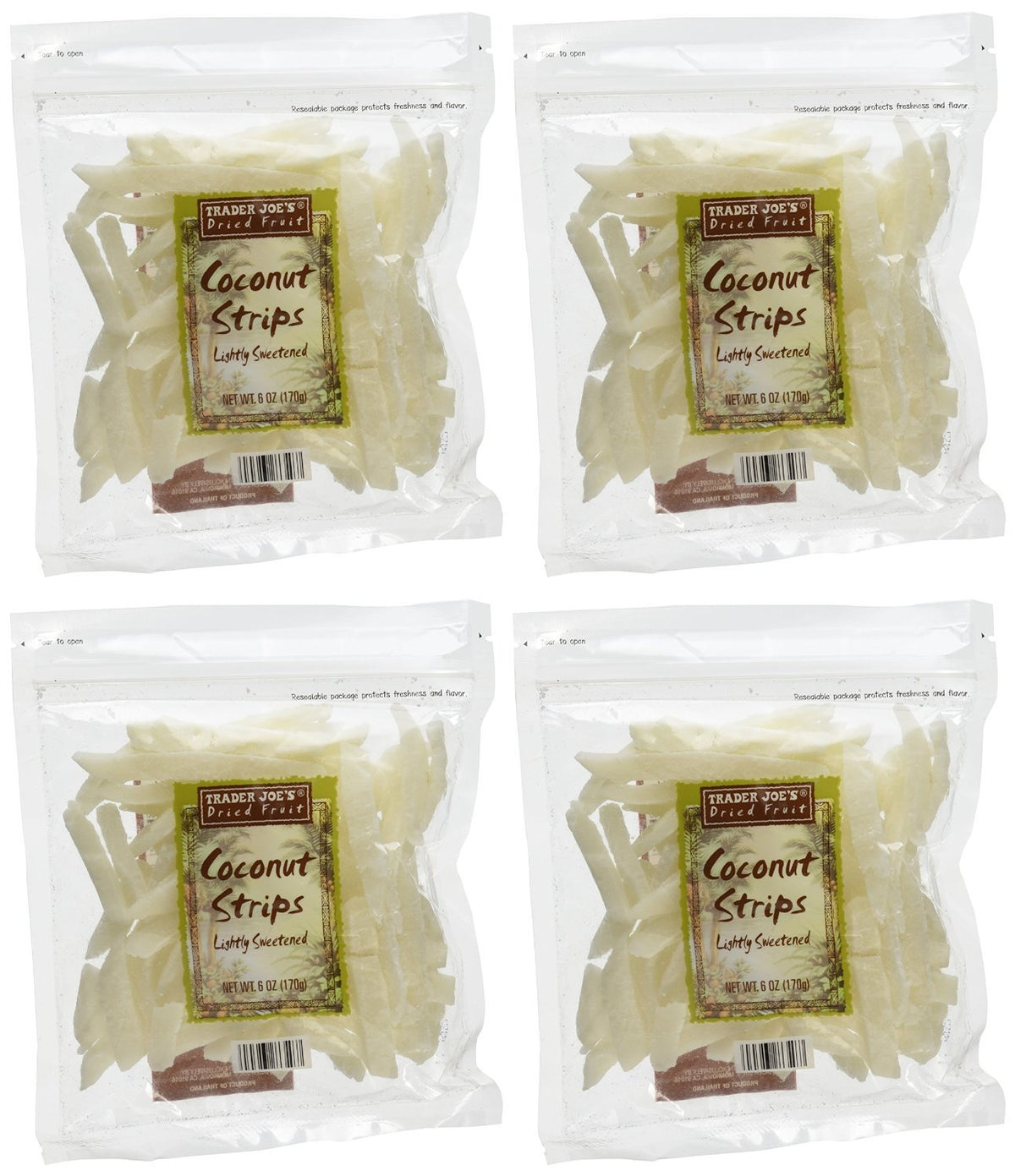 Trader Joe's Coconut Strips 6oz pack on the go, convenient and tasty.