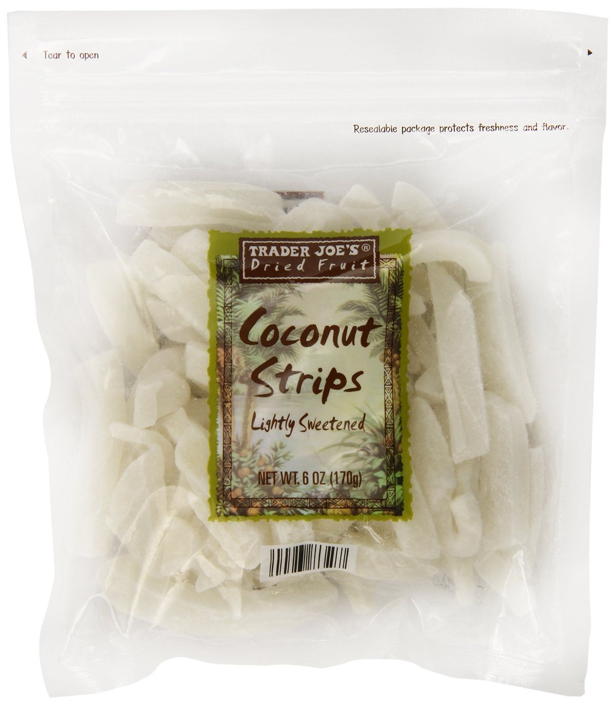 Trader Joe's Coconut Strips closeup showing chewy texture and light sweetness.