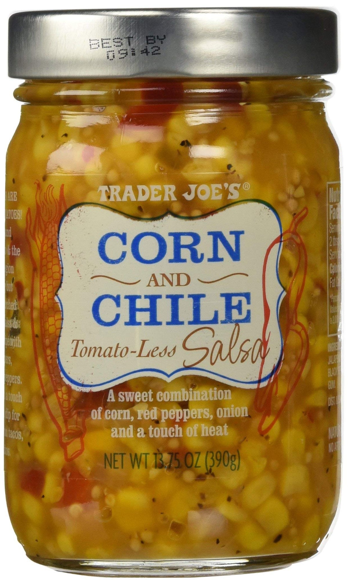 Trader Joe's tomato-less salsa with corn and chiles in a two-pack jar, ideal for dips and toppings.