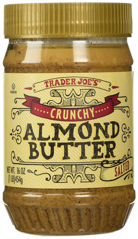 Trader Joe's Crunchy Almond Butter Salted 2 Pack jar close-up highlighting rich texture for toast