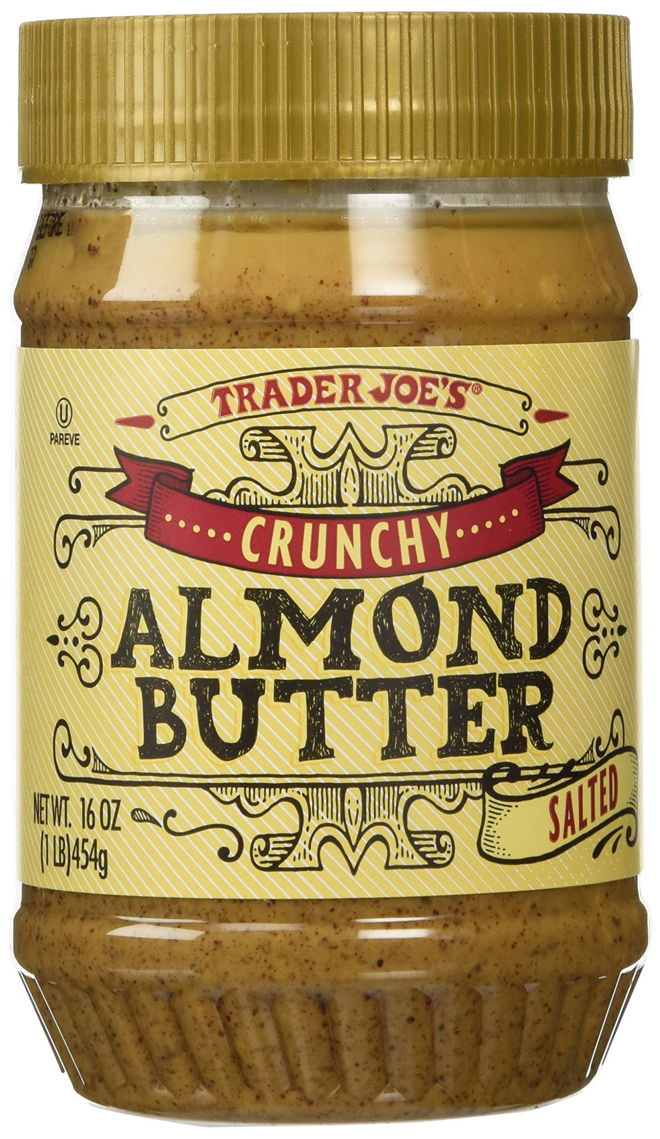 Trader Joe's Crunchy Almond Butter Salted 2 Pack jar close-up highlighting rich texture for toast