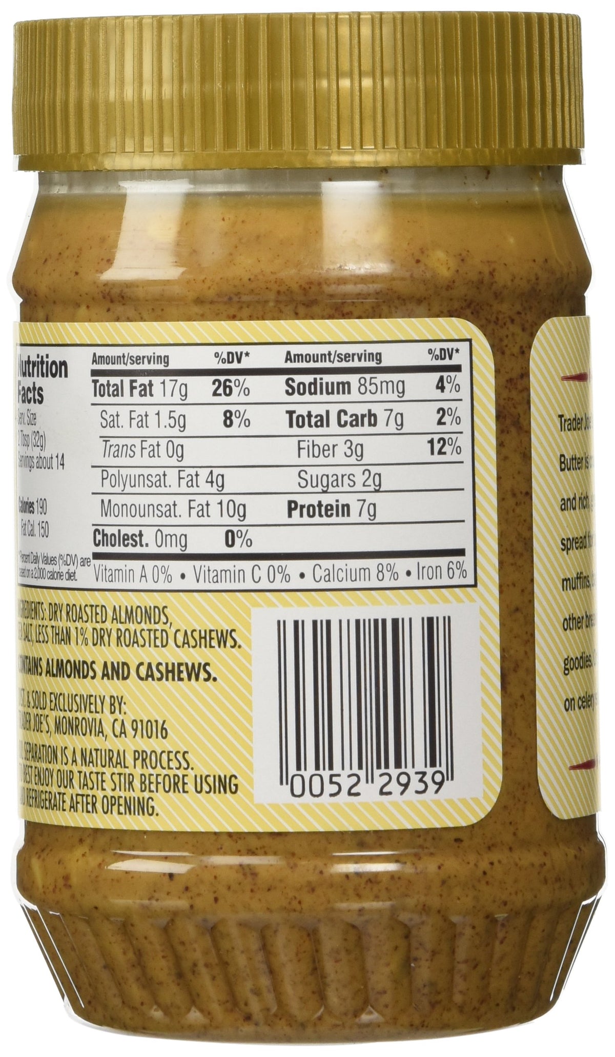 Trader Joe's Crunchy Almond Butter Salted 2 Pack spread-on-toast image emphasizes versatile breakfast option