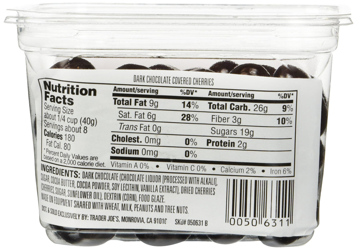 Trader Joe's dark chocolate covered cherries closeup showing vibrant cherries under rich chocolate, ideal for gifting.