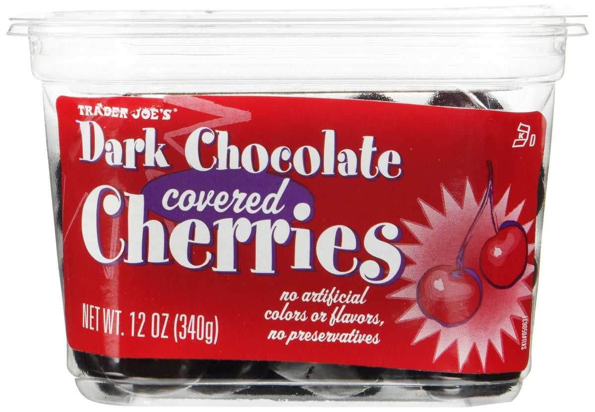 Trader Joe's dark chocolate covered cherries packshot highlighting glossy coating, ready-to-enjoy snack.