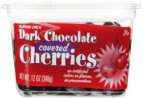 Trader Joe's dark chocolate covered cherries packshot highlighting glossy coating, ready-to-enjoy snack.