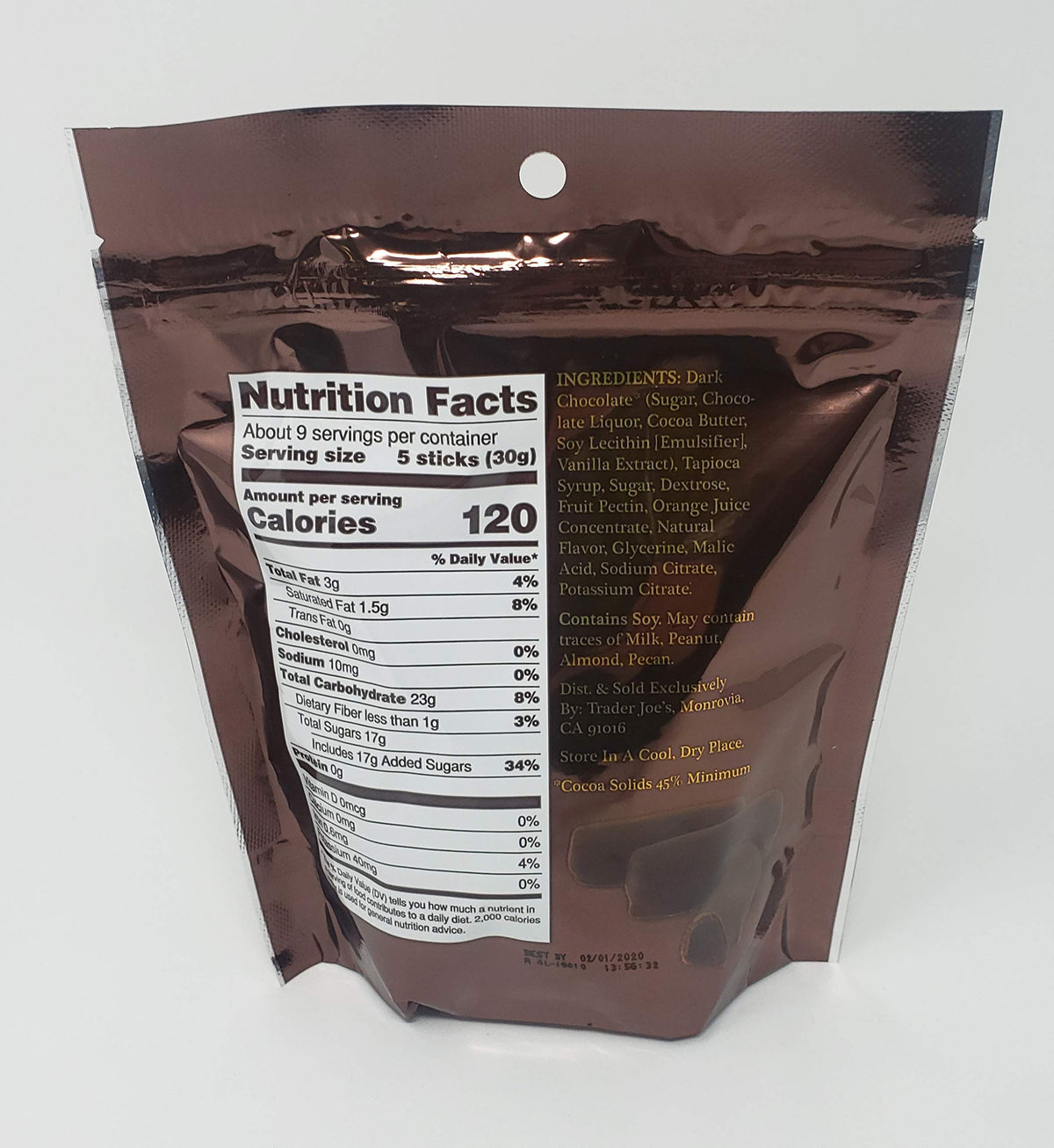 Trader Joe's dark chocolate orange sticks bars-inside revealing bite-sized portions