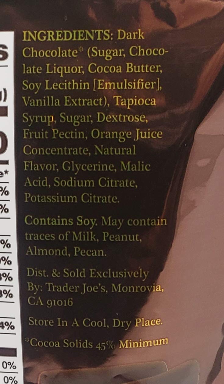 Trader Joe's dark chocolate orange sticks foil-wrapped segment emphasizes freshness
