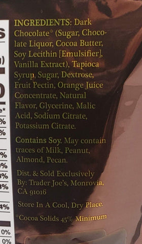 Trader Joe's dark chocolate orange sticks foil-wrapped segment emphasizes freshness