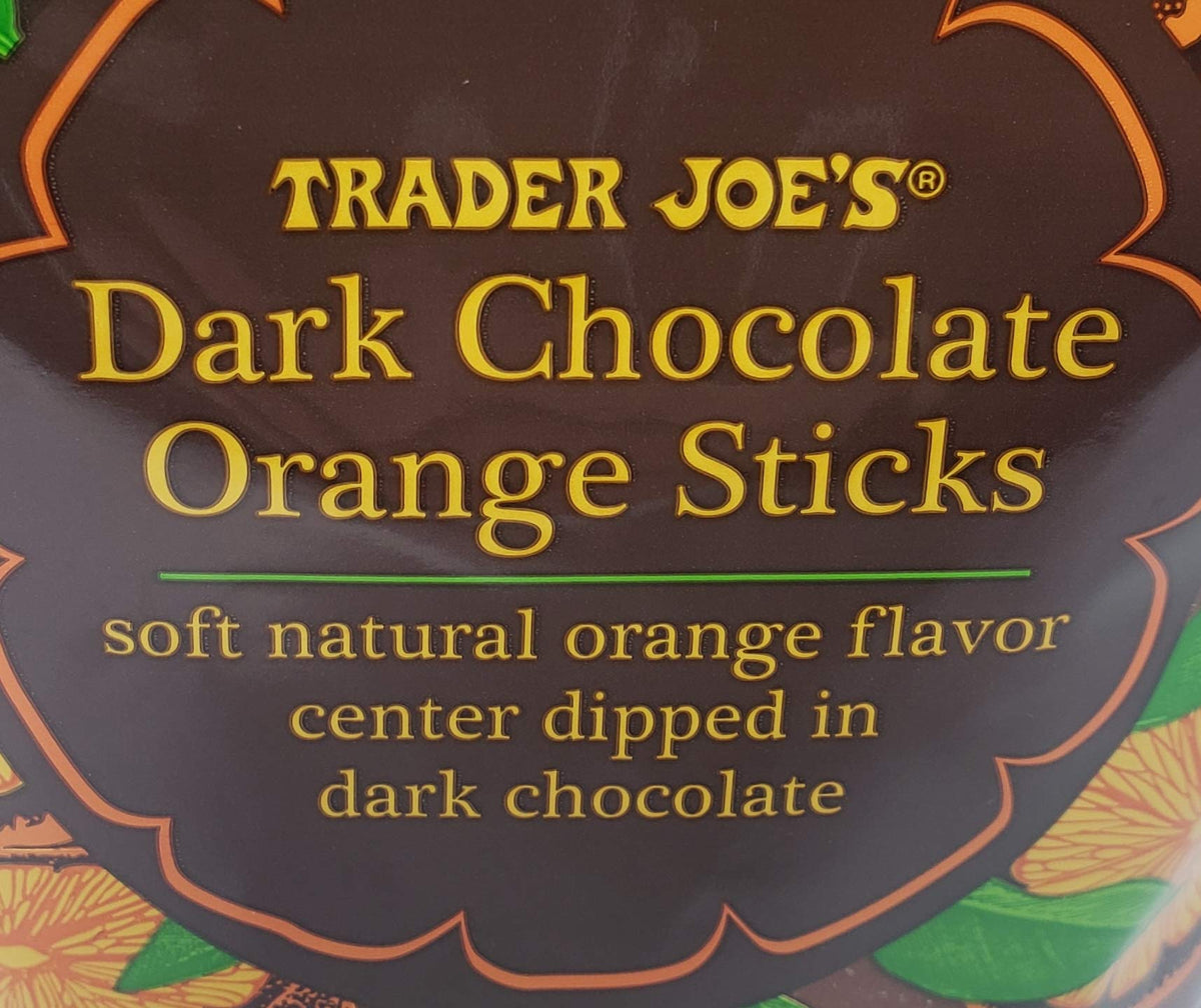 Trader Joe's dark chocolate orange sticks ingredients-label closeup for transparency